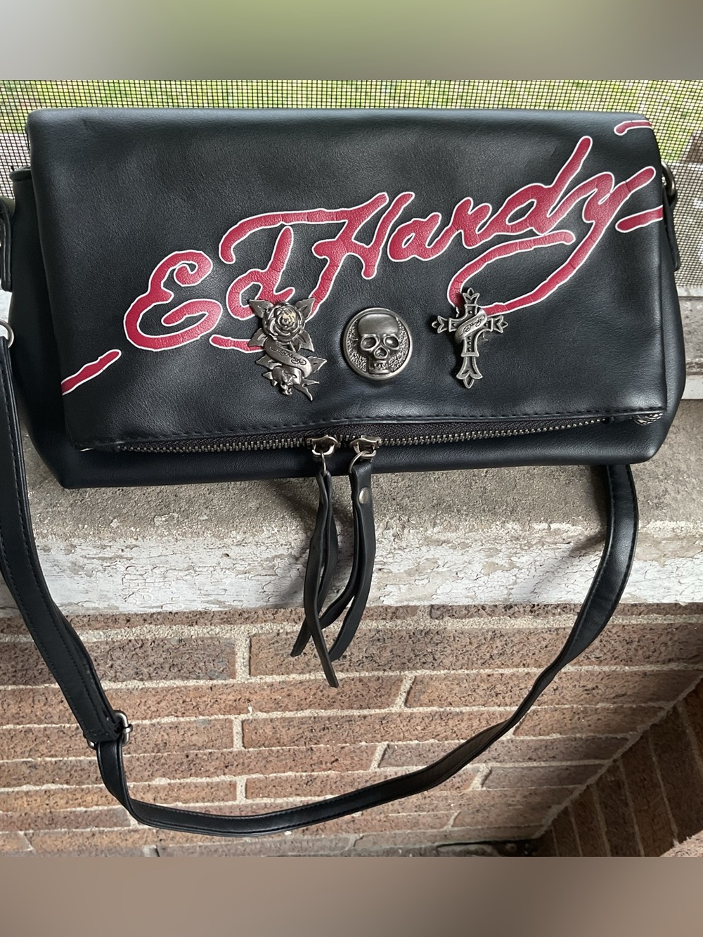 Ed Hardy Black Crossbody Bag with Pink Script and Skull Charms